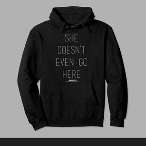Mean Girls pencil thin, She doesn't even go here pullover hoodie, M, black